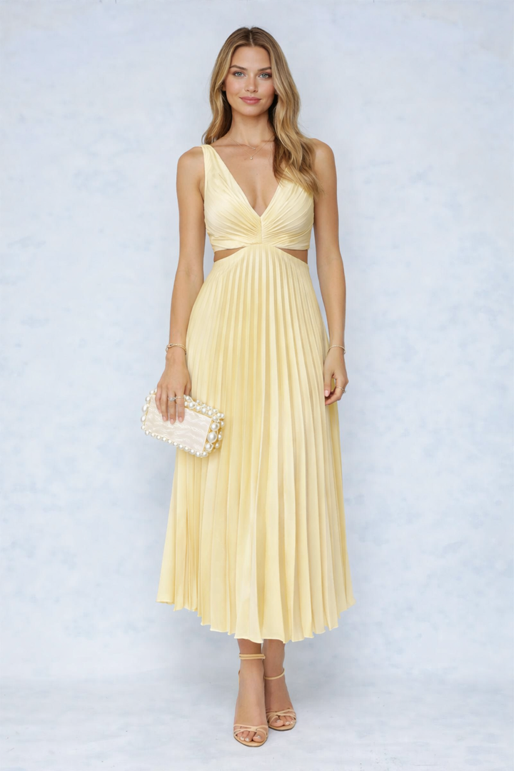 VESTIDO MIDI PLISADO CON ESCOTE CRUZADO