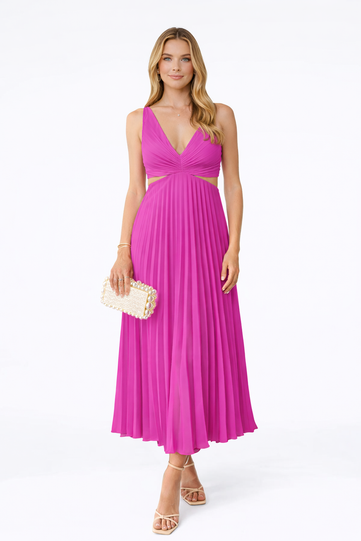 VESTIDO MIDI PLISADO CON ESCOTE CRUZADO