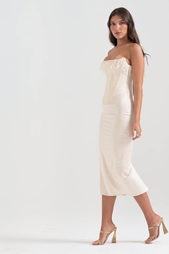 VESTIDO MIDI CORSET SIN TIRANTES