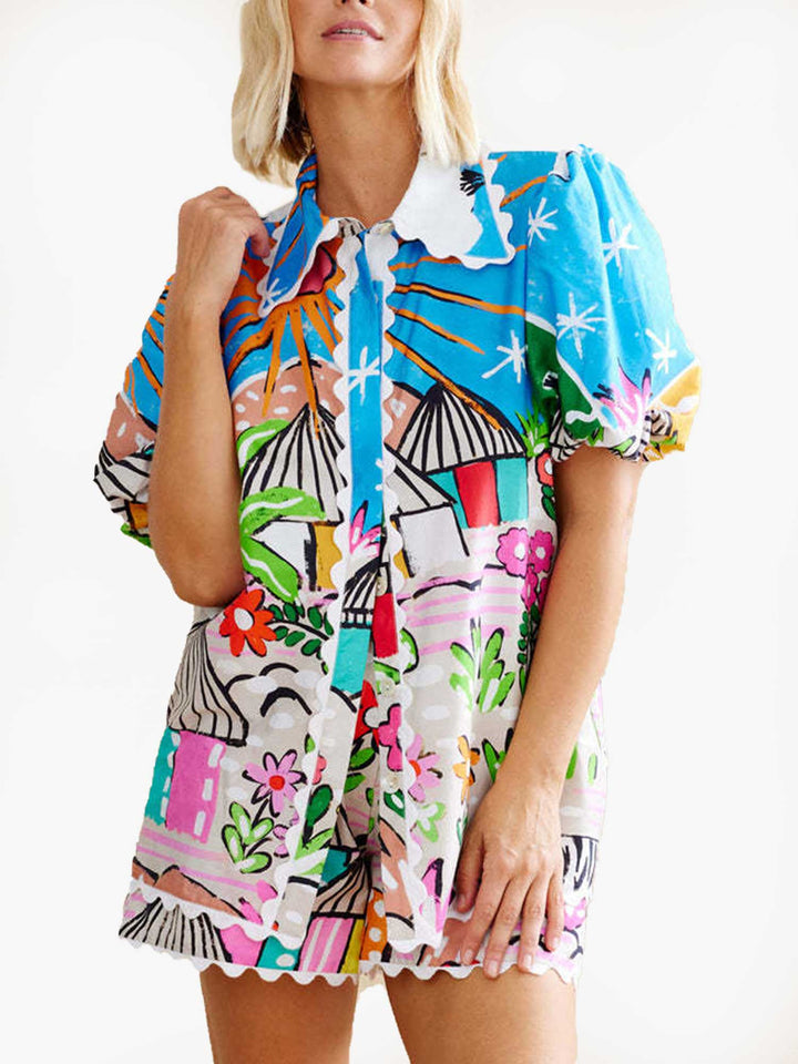 CONJUNTO ESTAMPADO DE DOS PIEZAS – ESTILO CAMISERO