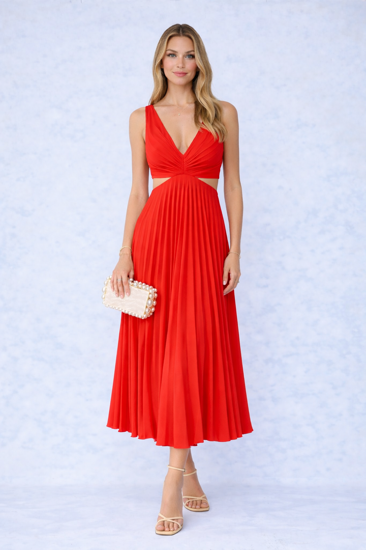 VESTIDO MIDI PLISADO CON ESCOTE CRUZADO