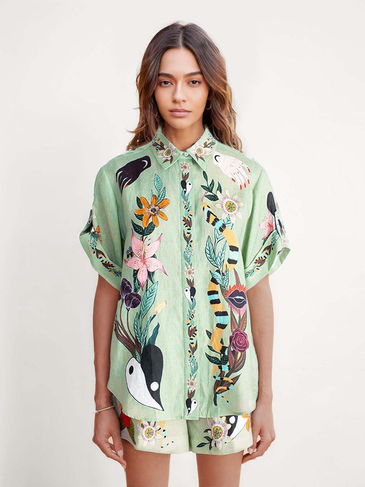 CONJUNTO CAMISA Y SHORT ESTAMPADO TROPICAL