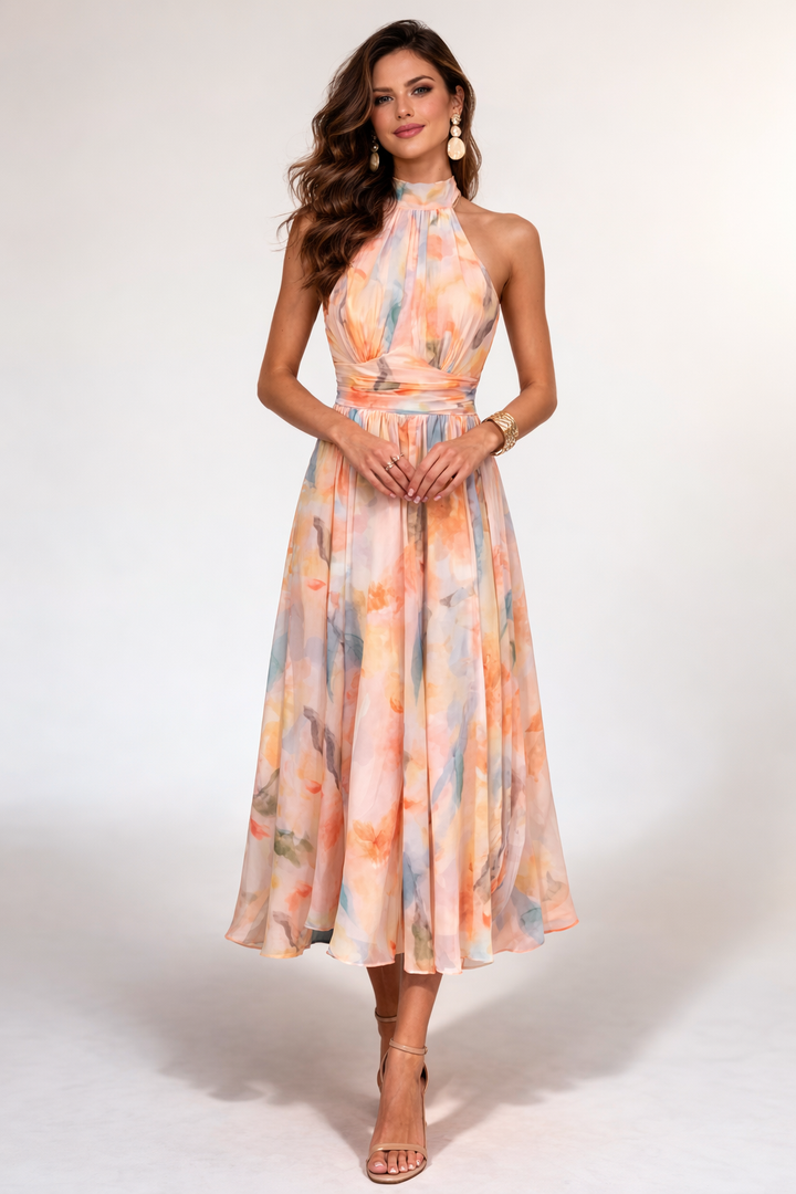 VESTIDO MIDI HALTER TONOS PASTEL ACUARELA