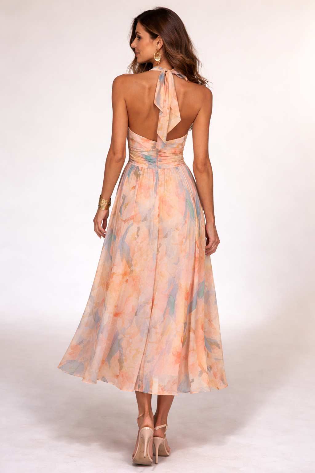 VESTIDO MIDI HALTER TONOS PASTEL ACUARELA