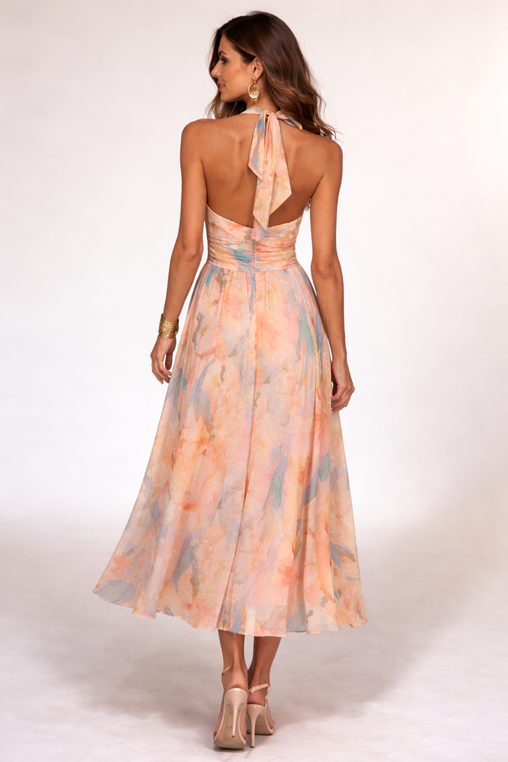 VESTIDO MIDI HALTER TONOS PASTEL ACUARELA