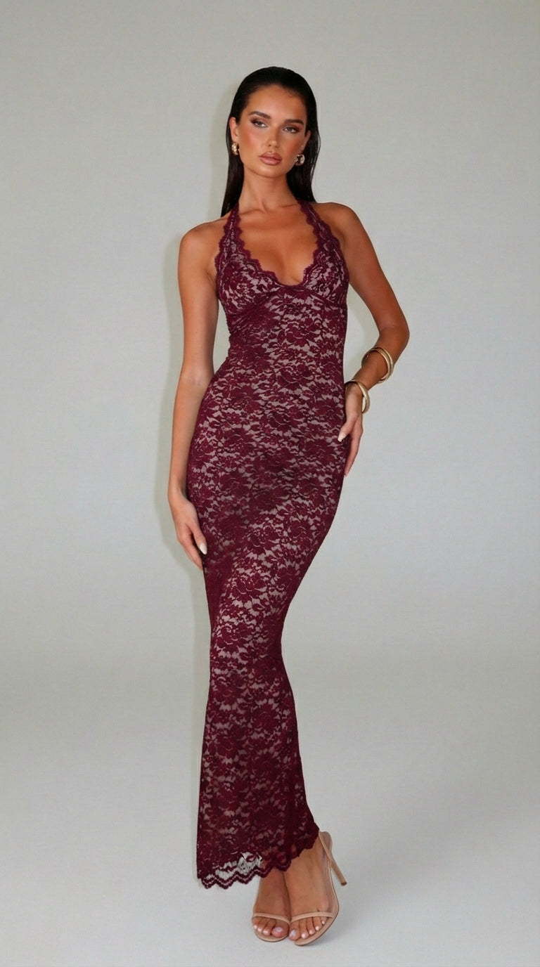 VESTIDO LARGO DE ENCAJE HALTER