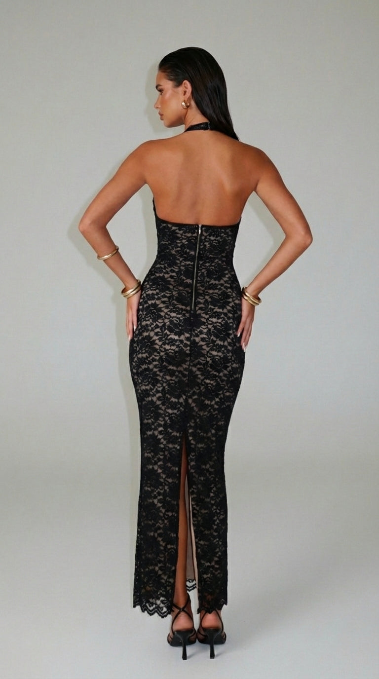 VESTIDO LARGO DE ENCAJE HALTER