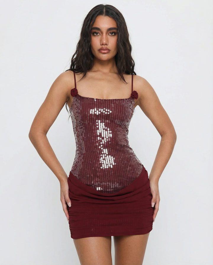 VESTIDO MINI CON LENTEJUELAS Y ESPALDA CORSET