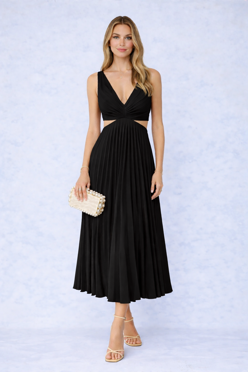 VESTIDO MIDI PLISADO CON ESCOTE CRUZADO