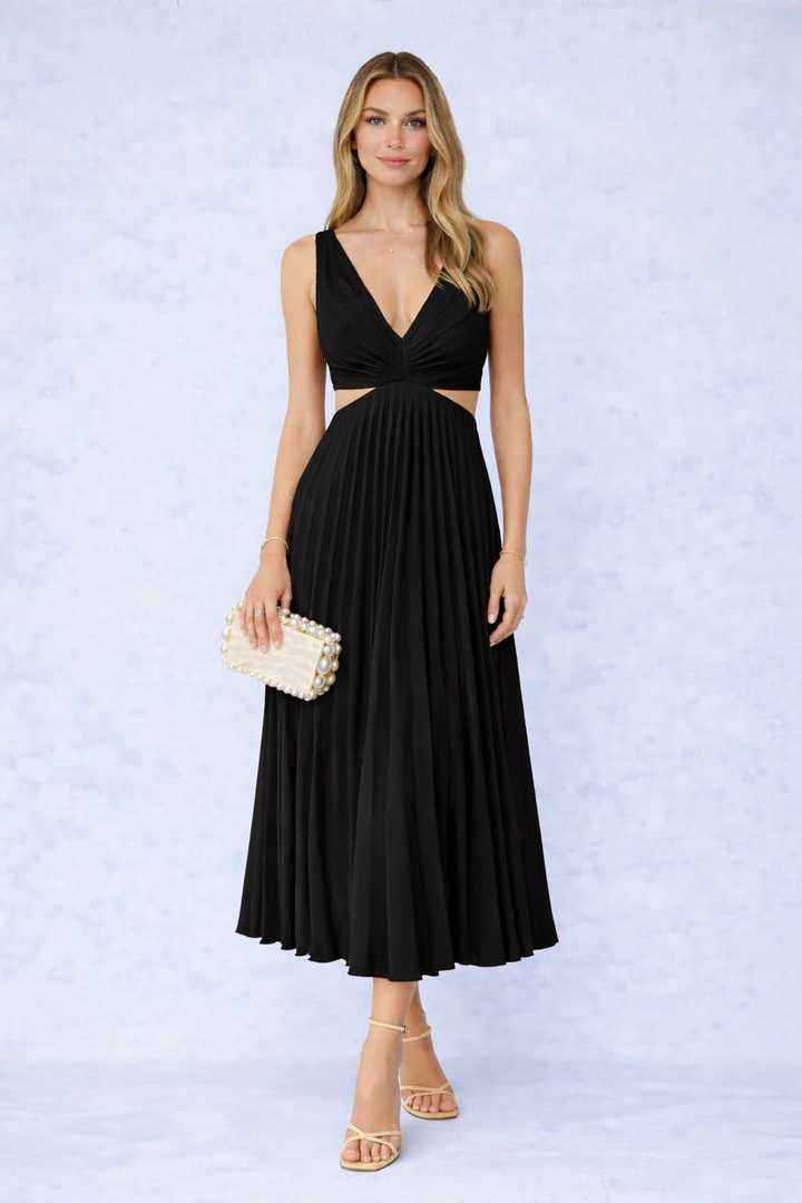 VESTIDO MIDI PLISADO CON ESCOTE CRUZADO